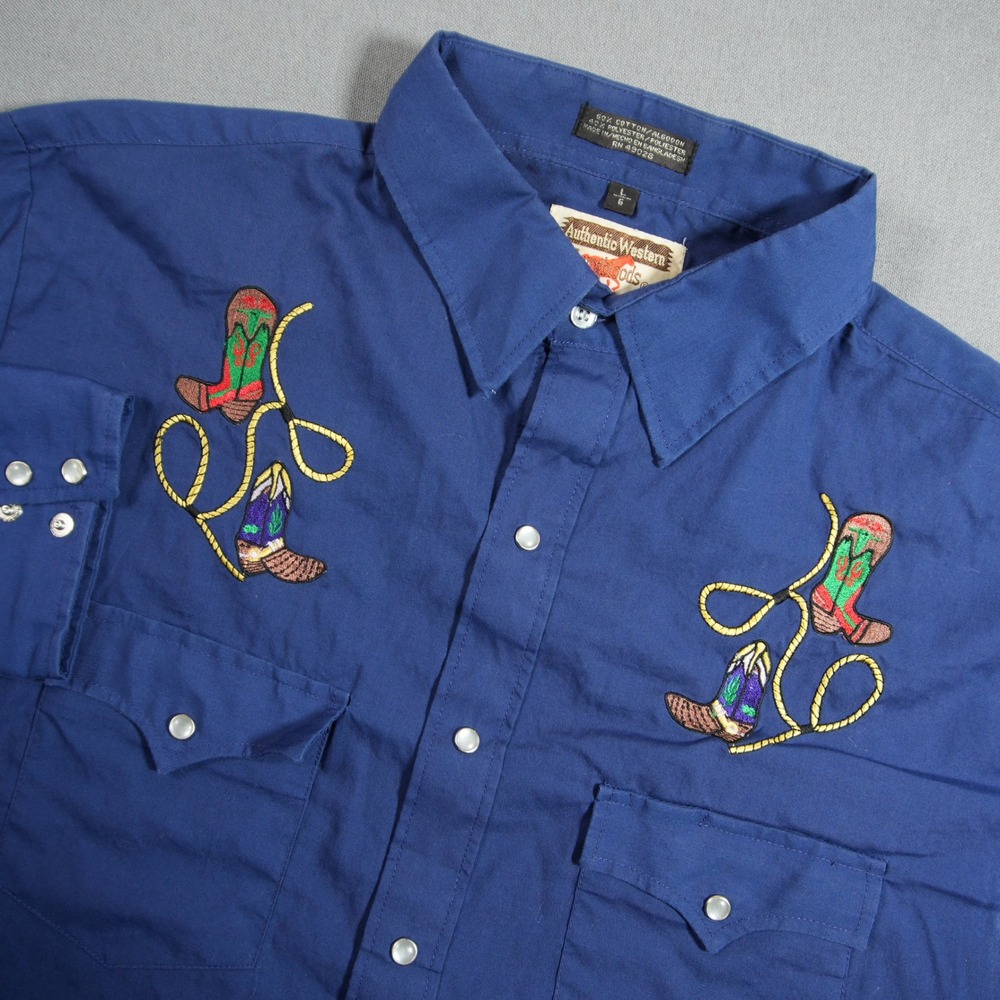 Embroidered Cowboy Rodeo Boot Pearl Snap Country Men Shirt L Youngbloods Ranch